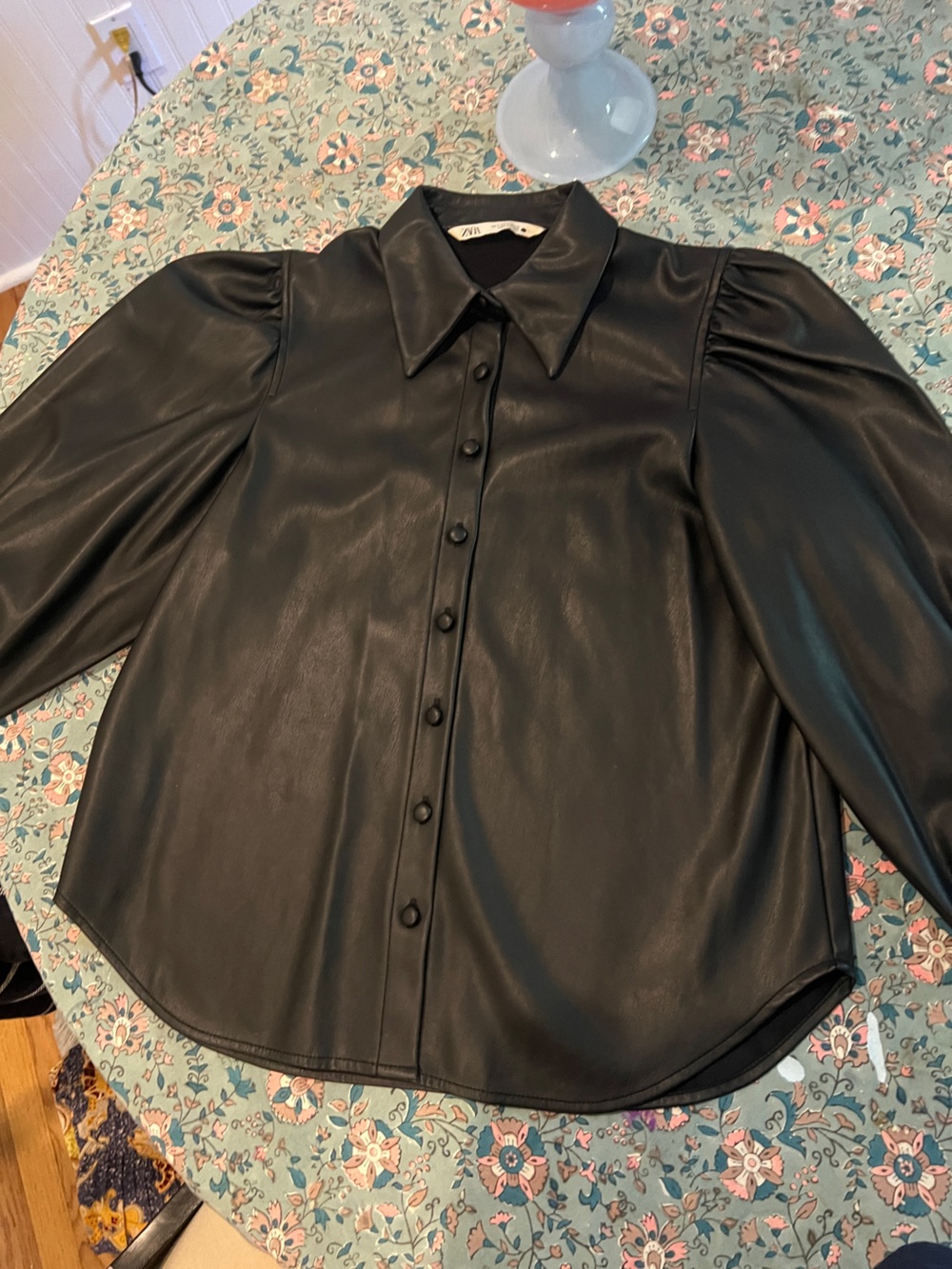 Zara Black Faux Leather Button-Down Shirt